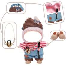 Latzhosen-Set mit Haarzubehör, Umhängetasche, Schuhe (ohne Plüschpuppe, nur Kleidung und Accessoires)