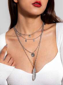 imoli 羽毛圖案和水鑽墜飾多層次項鍊 - 銀色 - 查看 1