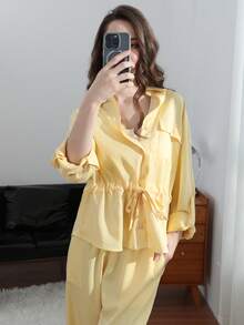 Bộ đồ thời trang nữ mới, áo kiểu voan hồng có eo điều chỉnh được, kết hợp với quần ống rộng voan. - Màu vàng - Xem 4