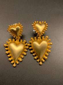 1 par de pendientes con forma de corazón en estilo retro, color dorado mate y negro, pendientes con estética vintage