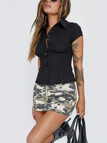 Women's Y2K Plaid Shirt Button-Up Short Sleeve Collared Slim Fit Casual Summer Blouse Tops - màu đen - Xem 1