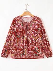 Acelitt Autumn Bohemian Paisley Print V-Neck Tie Loose Casual Long Sleeve Shirt - Multicolor - View 5
