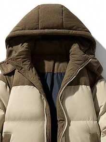 男士夹克，冬季灯芯绒拼色可拆卸连帽夹克，大口袋设计休闲宽松运动外套