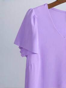 SuofeiMan New Elegant V-Neck Dress, Versatile Solid Color Slim Fit Midi Dress For Commuting & Casual Wear, Summer/Autumn - Purple - View 3