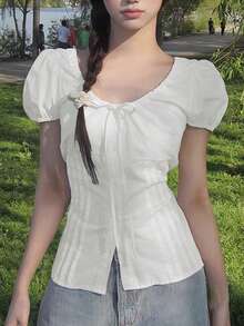 2025春秋短袖系带纽扣衬衫 - 白色 - 查看 1