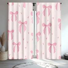 2pcs Set Pink Bow Print Light Filtering Curtains - Rod Pocket Design For Easy Hanging, Perfect For Bedroom, Living Room, Office Decor, Curtains For Living Room