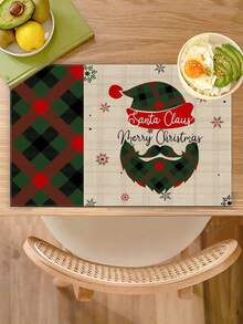 2pcs/4pcs/6pcs/8pcs Christmas Linen Placemat, Green Plaid Santa Claus Head Print Pattern Placemat, 12*18 Inch Heat Resistant And Non-Slip Washable, Suitable For Christmas Holiday Farmhouse Family Gathering And Party Decoration Placemat