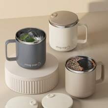 1个304不锈钢咖啡杯，带盖和手柄，双层隔热水瓶，大容量可重复使用保温杯，适用于茶、牛奶、咖啡，经久耐用，适合学生、办公室、户外、露营、野餐等场合。