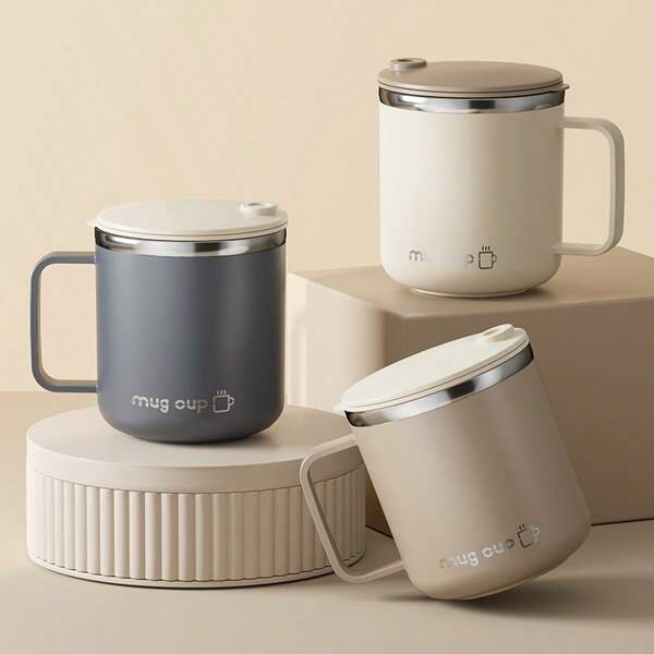 1Pc 400ML 304 Stainless Steel Coffee Mug With Lid & Handle, Double-Layer Insulated Water Cup, Portable Large Capacity Double Wall Drinking Cup, Tumbler Cup, Reusable Cold And Heat-Resistant Tea, Milk, Coffee Cup, Durable Drinkware, Suitable For Student And Adult Use In School, Office, Outdoor Camping, Picnic, Travel