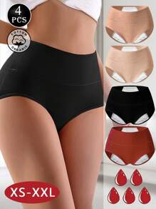 4 peças/pacote Calcinha Menstrual de Cintura Alta para Mulheres, Calcinha de Algodão com Entrepernas Extra Larga e Longa, Calcinha de Período de Cor Sólida, Tamanhos Plus Stretch XS-XXL