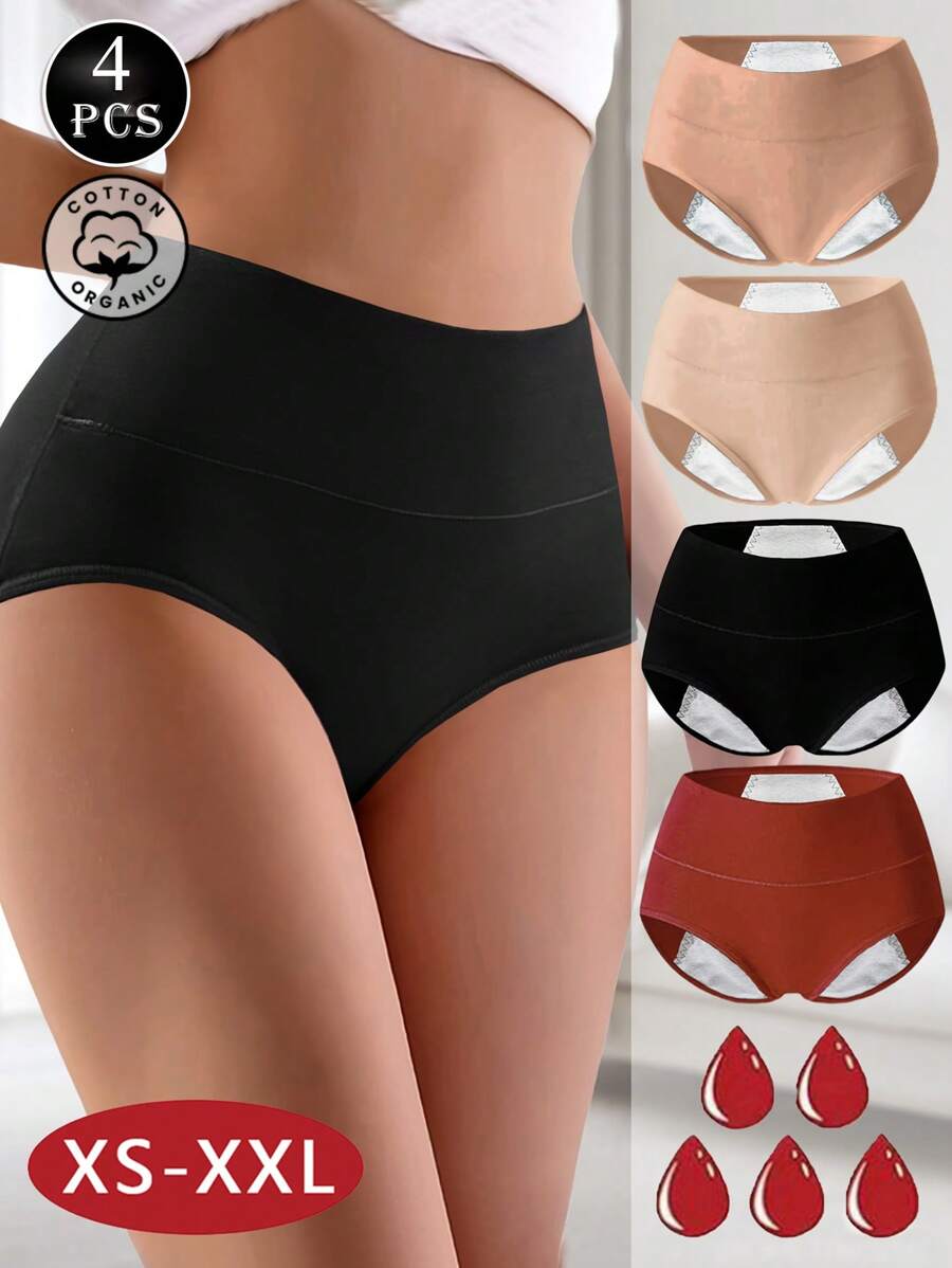 4 peças/pacote Calcinha Menstrual de Cintura Alta para Mulheres, Calcinha de Algodão com Entrepernas Extra Larga e Longa, Calcinha de Período de Cor Sólida, Tamanhos Plus Stretch XS-XXL