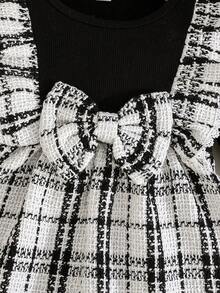 女童优雅花卉格子图案连衣裙，带帽子，时尚优雅的幼儿女童连衣裙 - 黑色 - 查看 4