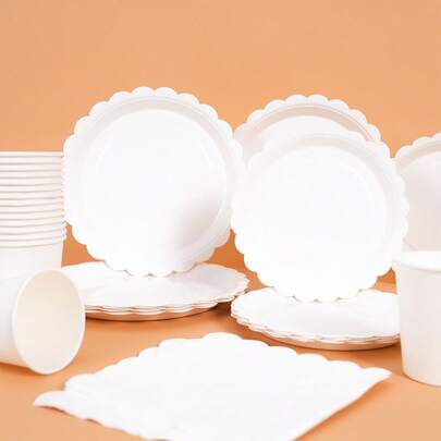 100 piezas/25 piezas/10 piezas Platos desechables con pétalos de flores blancas, platos, vasos y servilletas de astronauta, suministros para fiestas, adecuados para cumpleaños, bodas, fiestas, picnics familiares, juego de cubiertos desechables reutilizables (7 pulgadas, 9 pulgadas, 9 onzas)