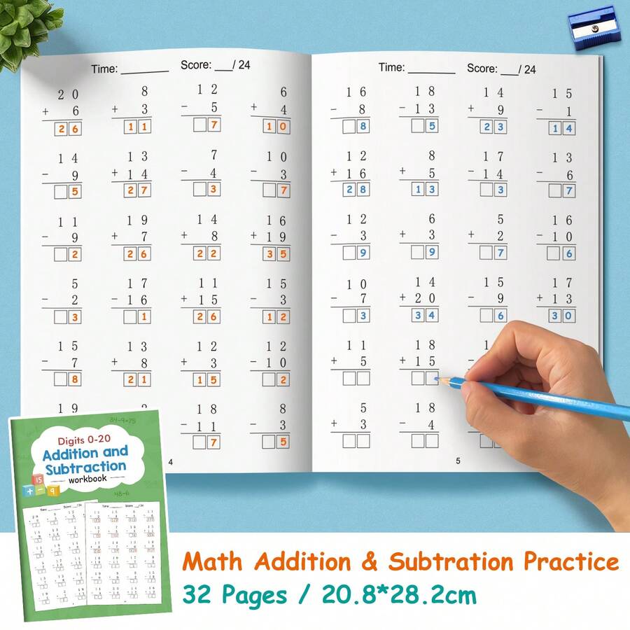 Lachilly 32 Pages Addition & Subtraction Within 20 Practice Book For Kids Preschool Kindergarten Arithmetic Workbook Handwriting Homework, Children Learning Exercises Books