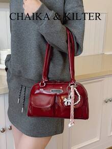 1件 CHAIKA & KILTER 女士纯色亮面PU皮革单肩包，时尚多口袋大容量波士顿保龄球包，带拉链封口，适合日常和户外使用（附赠吊坠） - 酒紅色 - 查看 5