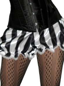 Women Striped Ruffle Shorts Low Elastic Waist Lace Trim Mini Bloomers Casual Summer Streetwear - màu đen - Xem 6