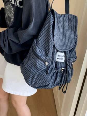 大容量时尚格子多口袋尼龙休闲背包防水轻便可折叠抽绳贴片字母旅行包夏季