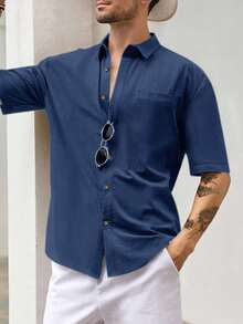 Mens Short Sleeve Cuban Camp Guayabera Shirt Linen Cotton Hippie Beach Button Down Shirts Plus Size - 藏蓝色 - 查看 5