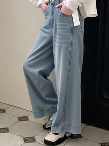 DAZY 青少年女孩休闲破洞阔腿牛仔裤，返校服，秋装 - 中等水洗藍 - 查看 2