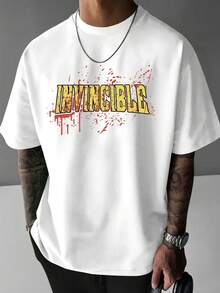 Men's Light Blue Relaxed Fit Graphic T-Shirt - Bold Yellow "INVINCIBLE" Letter Print With Red Splatter Design, Casual Summer Short Sleeve Tee, Machine Washable, Ideal Gift For Men, Casual Attire,  Look, Nonsheer Fabric - 白色 - 查看 1