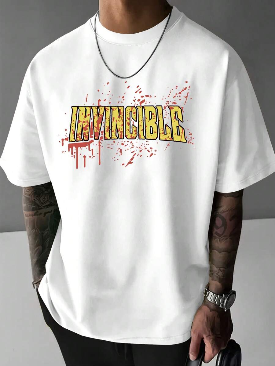 Men's Light Blue Relaxed Fit Graphic T-Shirt - Bold Yellow "INVINCIBLE" Letter Print With Red Splatter Design, Casual Summer Short Sleeve Tee, Machine Washable, Ideal Gift For Men, Casual Attire,  Look, Nonsheer Fabric - 白色 - 查看 1