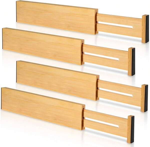 4 Pack Bamboo Drawer Dividers, Adjustable Length From 12 Inch To 17 Inch, Expandable Kitchen Drawer Organizer, Drawer Organization Separators For Clothes, Kitchen, Bedroom, Dresser, Office (Beige),11023411