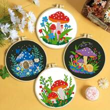 طقم بداية التطريز بالغرز المتقاطعة 11 قطعة، مستلزمات التطريز DIY، 4 أنماط من أنماط فطر الغابة، تشمل الأدوات
