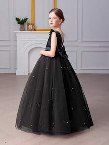 Tween Girl Black Mesh Handmade Beaded Bow Party Dress, Elegant Princess Dress Suitable For Girls Birthday Party, Banquet, Prom, Masquerade Ball, Flower Girl, Holiday Celebration - Black - View 5