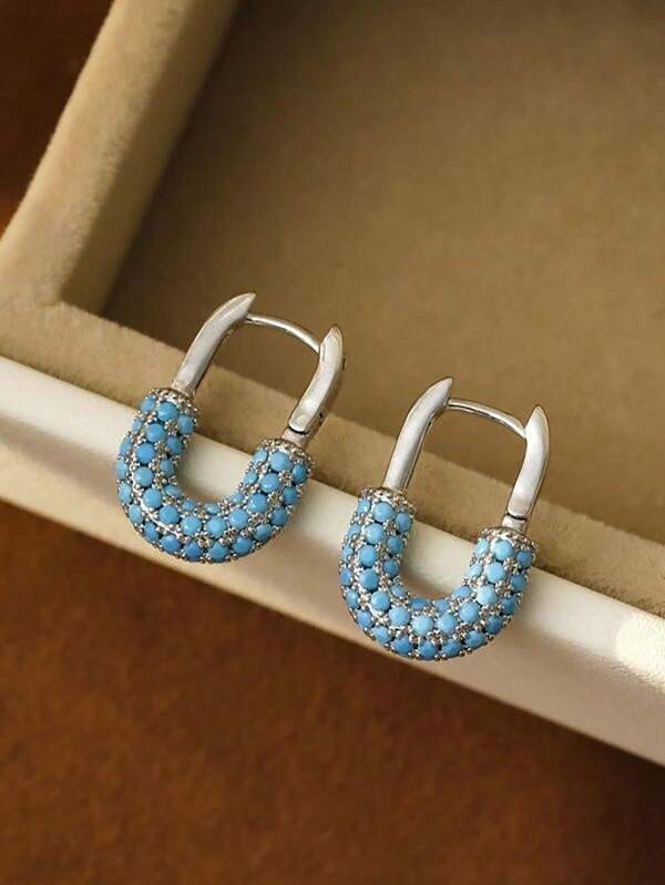1 pièce Boucles d'oreilles clous carrés en turquoise micro-incrusté de luxe et de mode, boucles d'oreilles élégantes et haut de gamme personnalisées, convenant pour le port quotidien, les festivals, les fêtes, cadeau pour la petite amie