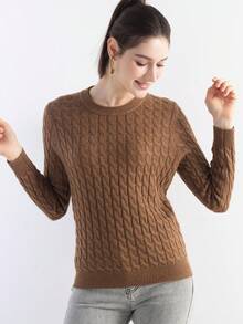 女式美利奴羊毛毛衣 2025 秋冬经典麻花圆领长袖保暖柔软针织套头衫 - 棕色 - 查看 5