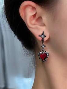 1 Pair Heart-Shaped Metal & Resin Crystal Earrings, European & American Style Personalized Fashion Earrings For Women & Girls, Travel, Wedding, Party, Birthday, Christmas Gift 2025 - Black - View 2