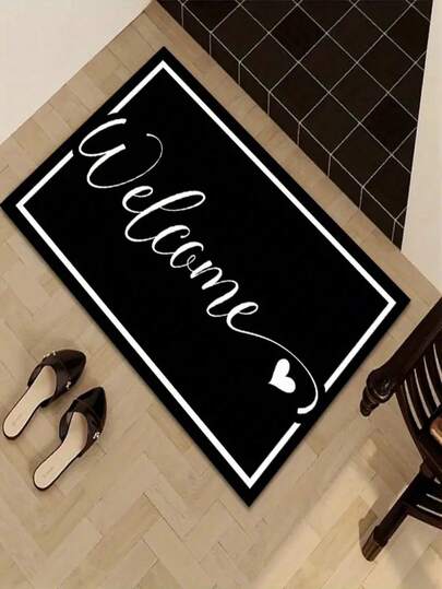 1pc Flannel Welcome Home Rug - Black With White Cursive Letter & Heart Design, 100% Polyester Blanket, Indoor Doormat, Suitable For Hallway, Bedroom, Kitchen, Balcony Home Decor, Elegant Handwritten Style For Home Decor, Room Decor, Small Rug, Living Room Rug, Bedside Rug