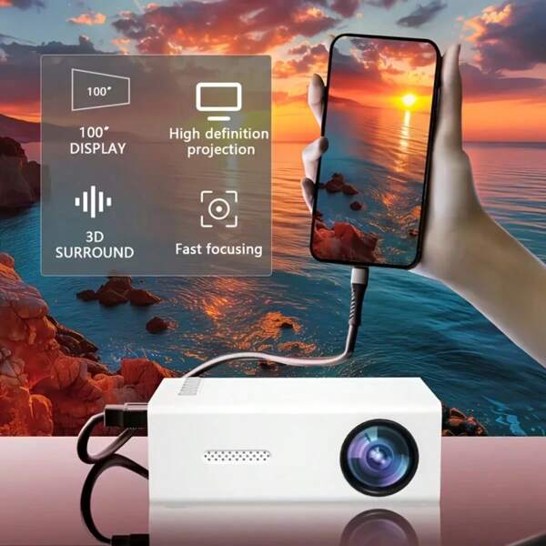 1080P Portable Projector, USB Powered, Built-In Stereo Speakers, Keystone Correction, Remote Control, Compatible With Multiple Devices, Home Cinema Outdoor Camping Movie Projector To Enhance Your Movie, TV, And Gaming Experience
