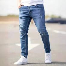 Pantalones vaqueros elásticos ajustados para hombre, pantalones vaqueros ajustados. - Azul - Ver 4
