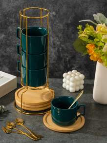 4pcs/Set Ceramic Marble Coffee Cup Set With Gold Stand, Including 4 Cups, 4 Saucers, 4 Spoons, Available In Turquoise Flower Design, 180ml Cappuccino/Latte Cups With Marble Pattern In Black Or White, Handled Espresso Cups
