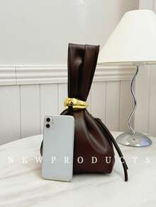 low tea 1pc Solid Color PU Leather Handbag For Women, Personalized Mini Cloud Pleated Bag With Metal Decor Zipper Closure, Suitable For Daily And Outing Use - Coffee - View 4