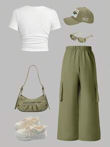Tween Girls Summer Letter Print Short Sleeve Top And Cargo Pants Set
