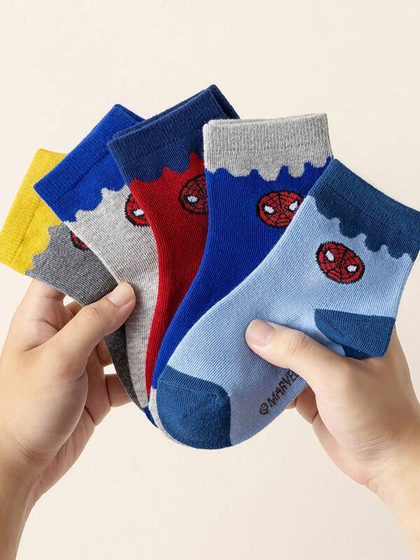 Marvel 5 Pairs Kids Socks, Superhero Spider-Man Socks For Boys Mid-Calf Socks, Cartoon Korean Style Socks For Girls, Autumn/Winter