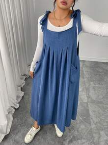 Đầm midi nữ cỡ lớn in hoa, hai túi, dây đeo, kiểu dáng thanh lịch mùa hè. - Màu xanh lam - Xem 3