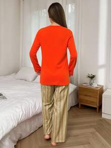 Mirano Slogan Print Short Sleeve Top & Cherry Pattern Long Pants Pajama Set - Orange - View 2