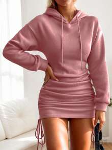 Hooded Long Sleeve Dress Women, European And American Retro Sexy Spring Autumn Outdoor Drawstring Ruched Bodycon Mini Skirt - Peach - View 4