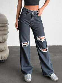 Damen hohe Taille Knie Laser Destroyed Weite Hose, einfarbige Hosentaschen mit Reißverschluss