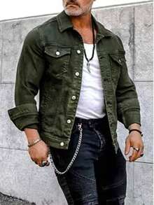Men's Slim Casual Cotton Denim Jacket Coat - 軍綠色 - 查看 6