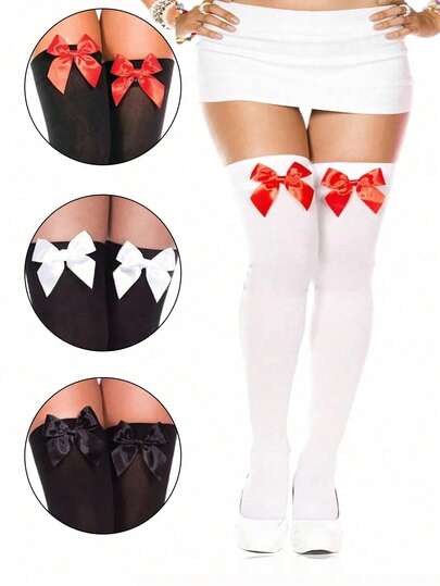 1 par de medias altas elásticas de encaje con lazo para mujer - Medias hasta la rodilla de moda, en negro y blanco con lazo rojo, con borde fruncido, de poliéster, lavar a mano, para usar en fiestas/Medias con lazo/Fibra de poliéster elástica, medias novedosas