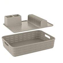 Escurridor de Platos con Bandeja y Cesta de Almacenaje - Set de 3 Piezas - Colores: Beige, Verde, Azul Grisáceo, Gris Oscuro, Marrón Taupe - Beis - Ver 2