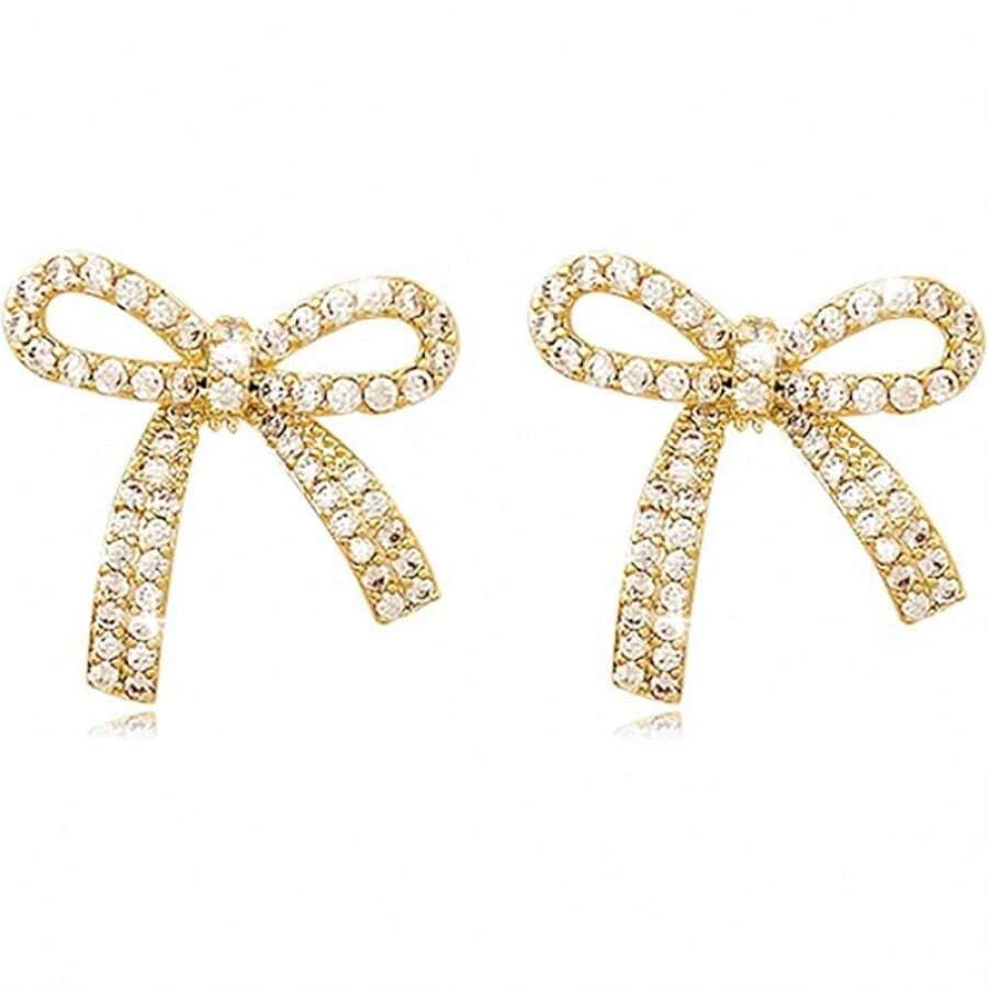 Bow Earrings For Women Sparkly Rhinestone Chain Tassel Earrings Cute Ribbon Stud Earring Daily Party Jewerly Gifts Christmas Stocking Stuffers - A1:gold Bow Stud Earrings - View 1