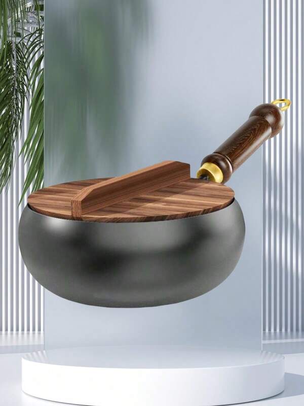 1 pieza Wok con mango de madera, Wock de fondo plano antiadherente, adecuado para estufa de gas y placa de inducción