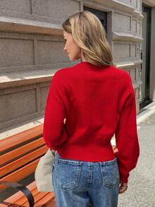 FOR BEAUTY Women's New Spring Red Cardigan, Minimalist Casual Style, Round Neck Long Sleeve, Ribbed Trim And Heart-Shaped Buttons, New Year Celebration Top, Valentine's Day Sweater - Red - View 6