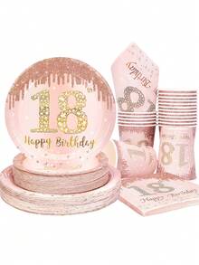 10 Stücke 18. Geburtstag Dekorationen für Prinzessin, Rosegold Geburtstags Party Dekorationen und Zubehör, inklusive Pappteller, Becher, Servietten, "Happy 18 Years" Geburtstags Party Geschirr Set für 18. Geburtstags Party Gastgeschenke