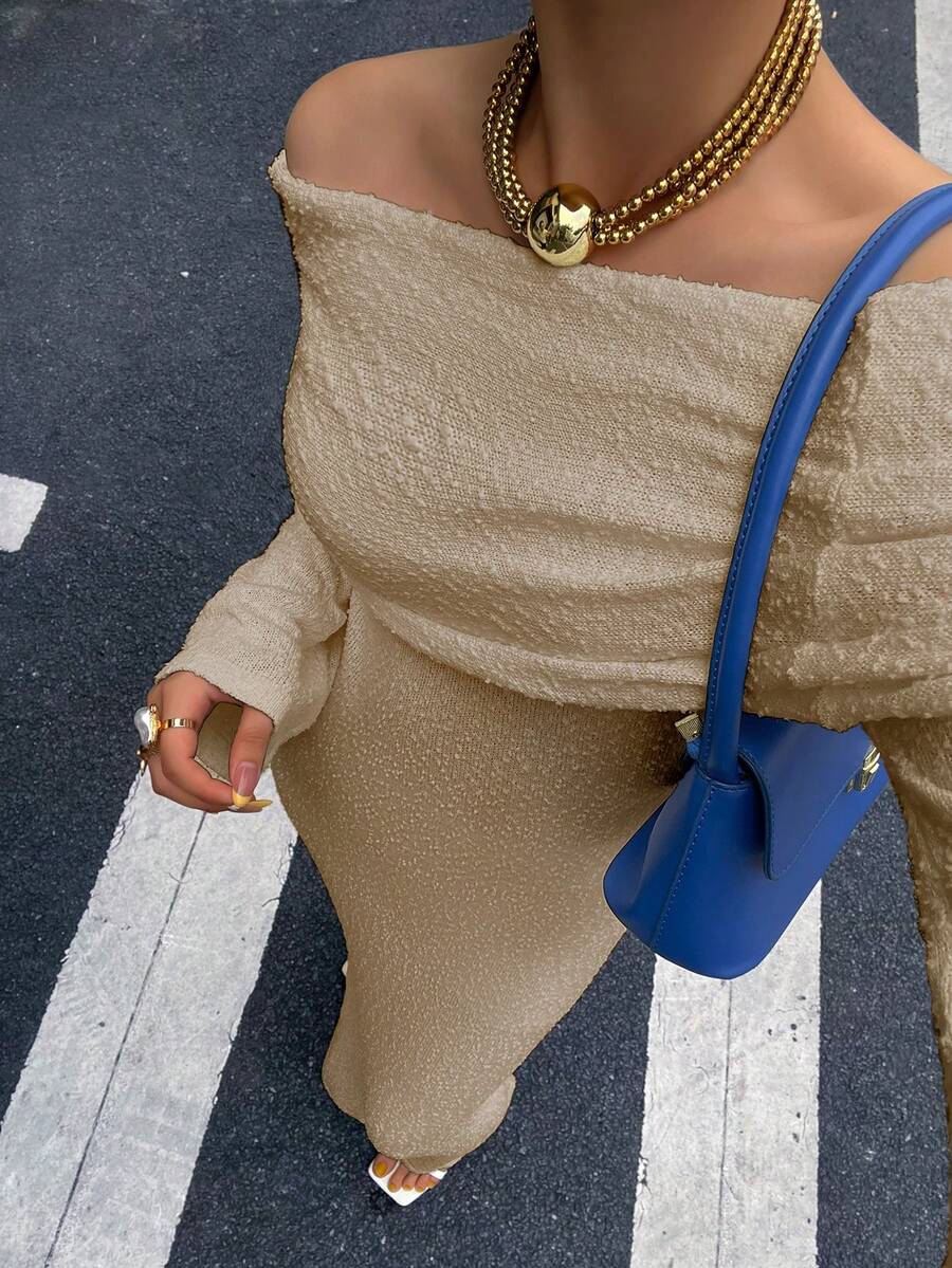 Vestido maxi de malha branco, estilo street sedutor, cor lisa, semi-transparente, ombros à mostra, manga comprida, roupa de discoteca, roupa feminina sedutora - Cáqui escuro - Ver 1